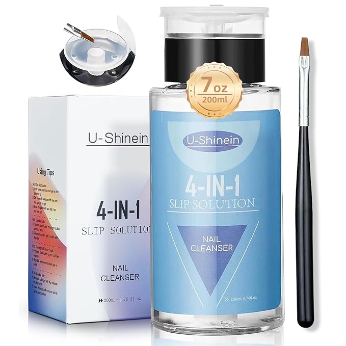 200ml Nail Slip Solution, 4-in-1 Poly Nail Gel Slip Solution Poly Nail Extension Gel Liquid Slip Solution Builder Gel, Nail Cleaner Liquid Nail Polish Remover with Nail Brush Nail Art