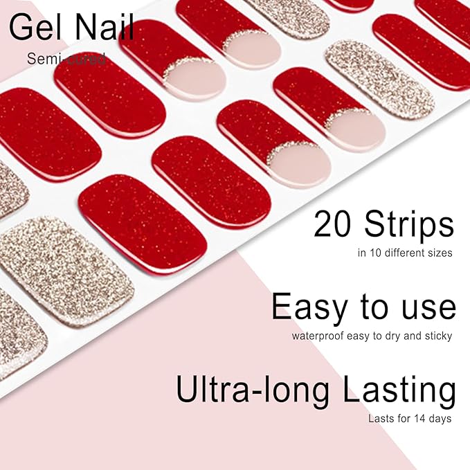 Semi Cured Gel Nail Strips, 20pcs Glittery Red Gold Gel Nail Stickers - Works with Any UV Lamps, Long Lasting Full Wraps, Easy to Apply and Remove