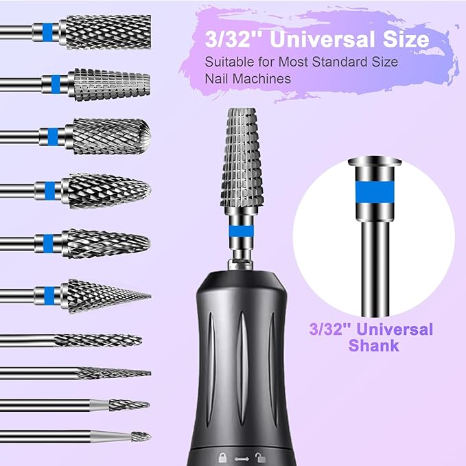 Diesisa 10PCS Nail Drill Bits Set - Tungsten Carbide Nail Bits for Acrylic Nails - 3/32" Shank Drill Bits Professional Electric Nail Bits For Nail Drill - Removal Bit Nail Drill for Home Salon-Blue