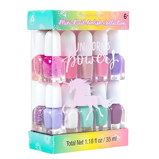 SIMPLE PLEASURES Unicorn Power Kids Nail Polish Set for Girls – 14 Water-Based Non -Toxic Nail Art Kit - Gift Set for Girls Ages 7-12