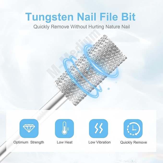 3/32" Large Barrel Bit Tungsten Carbide Nail Drill Bit Safety Bit for Gel & Acrylic Removal, 2- Way Rotating Efile Tip, Salon Electric File Accessory (M Girt, Silver)