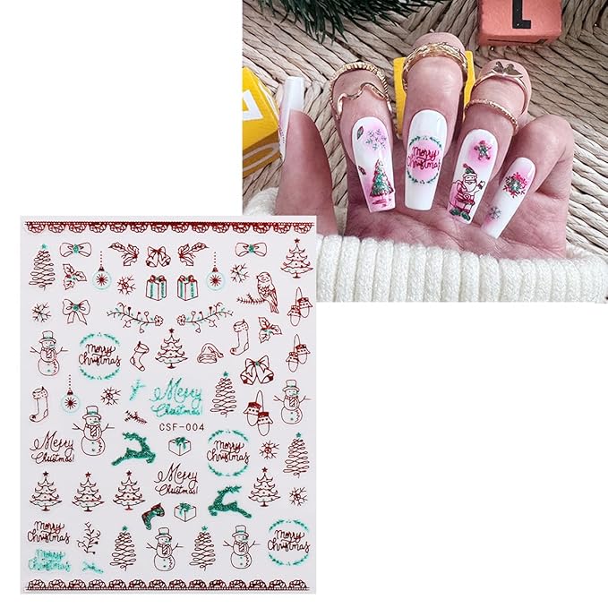 JMEOWIO 9 Sheets Christmas Glitter Nail Art Stickers Decals Self-Adhesive Green Red Snowflake Winter Holiday Nail Supplies Nail Art Design Decoration Accessories