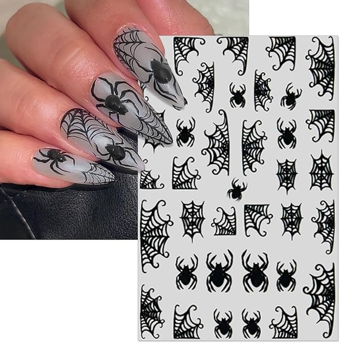 Halloween Horror Nail Stickers, Death Terrifying Face Butterflies Skull Self-Adhesive 3D Nail Art Decals for DIY Black Spider Web Manicure (6 Sheets)