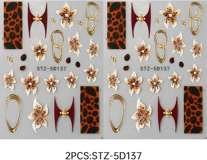Flower Nail Art Stickers 5D Yellow Brown Flowers Nail Decals 2Pcs Leopard Print Nail Art Supplies Floral Gold Frame Star Autumn Nail Stickers French Sliders for Women Thanksgiving Nail Decorations