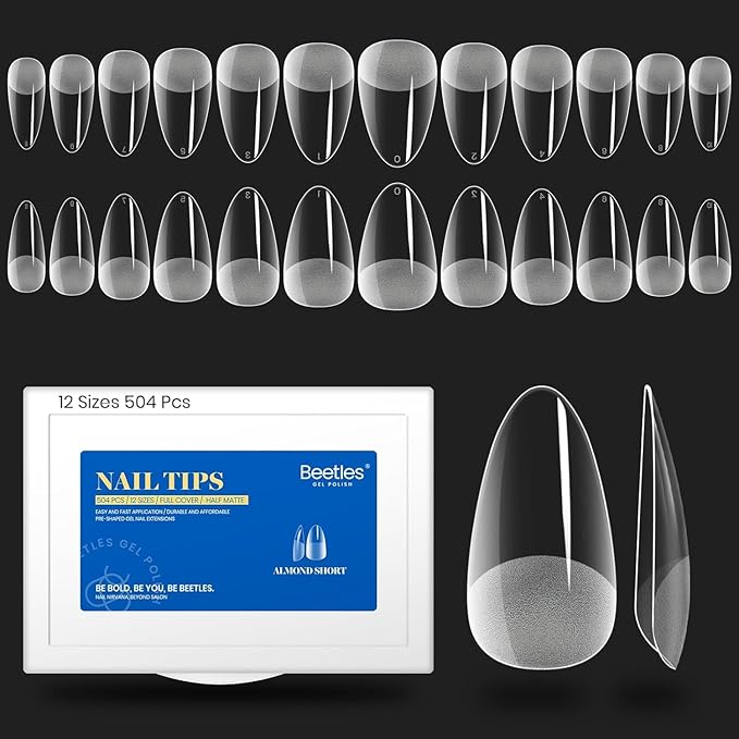 Beetles Gel Nail Tips Easy Nail Extension Etch X Nail Tips 12 Sizes 504Pcs Short Almond Half Matte Nail Tips Gelly Tips Full Cover False Nails Gifts for Girls