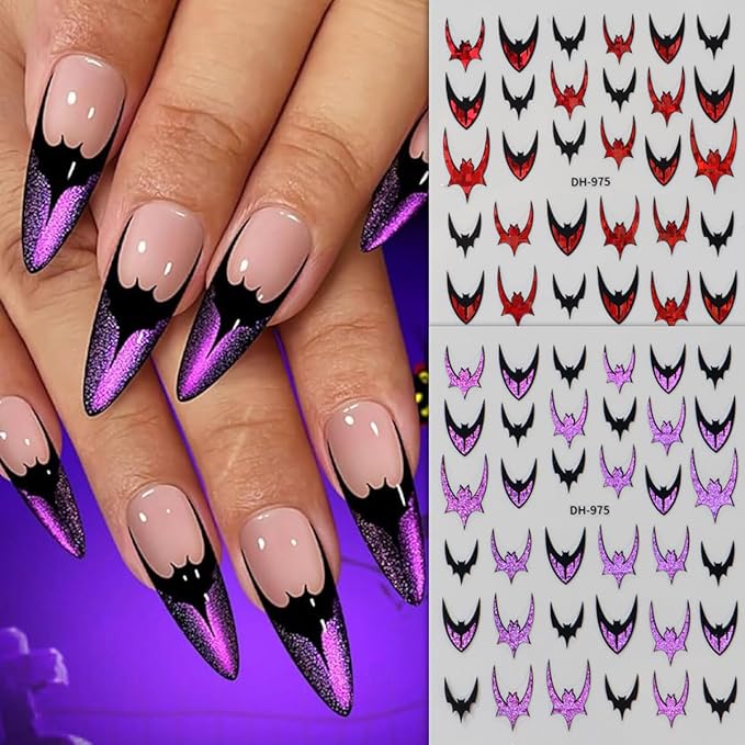6pcs Bat Halloween Nail Stickers for Nail Art - French Tip Purple and Red Glitter Bat Nail Decals Laser Sparkle Halloween Bat French Design Gothic Punk Nail Accessories Charms Y2K Manicure Decoration