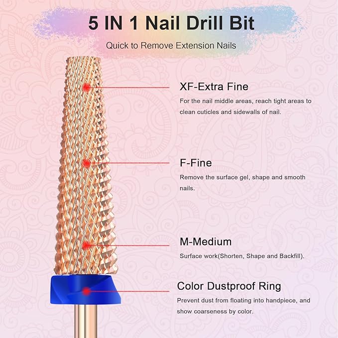 Depvko Super Long 5 in 1 Nail Drill Bits, 3/32'' Carbide Tungsten Bits, Two Way Rotate Professional Advanced Safety Bits for Nail, Fast Remove for Manicure Pedicure (Long 5in1-Rose Gold, Medium-M)