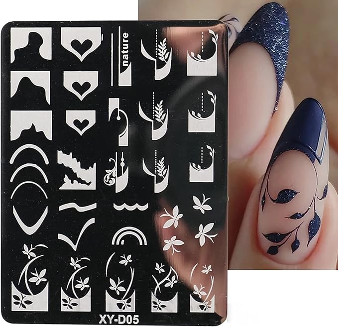 6Pcs Nail Art Stamping Templates Set with French Line Flowers Leaves Smiley Heart Design Art Stamping Kits DIY Printing Tools Fashion Art Decoration for Women and Girls