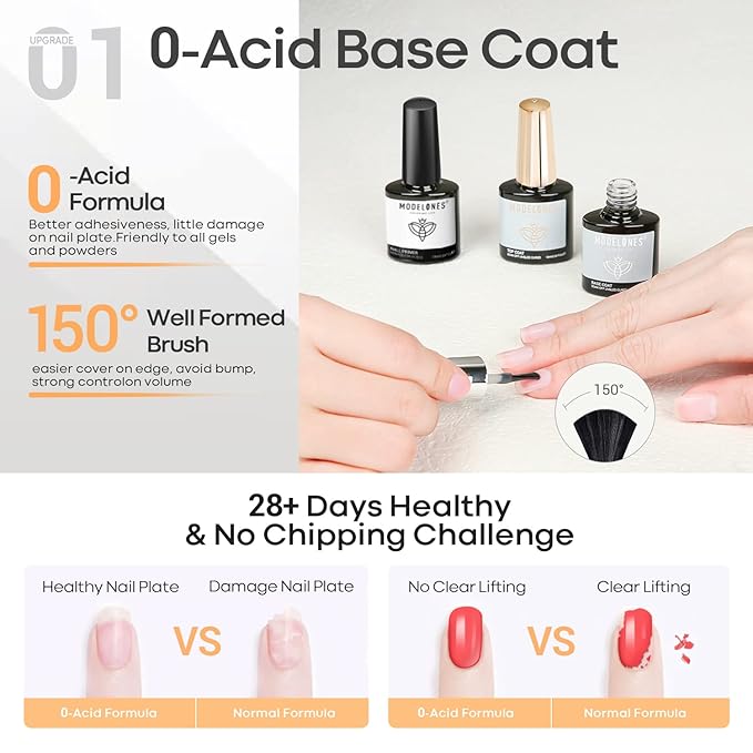 modelones Gel Top Coat and Base Coat With Nail Primer, 3 Pcs No Wipe Clear Base and Top Coat Nail Bonder Primer Super Shiny Gel Polish Home DIY Manicure 10 ml
