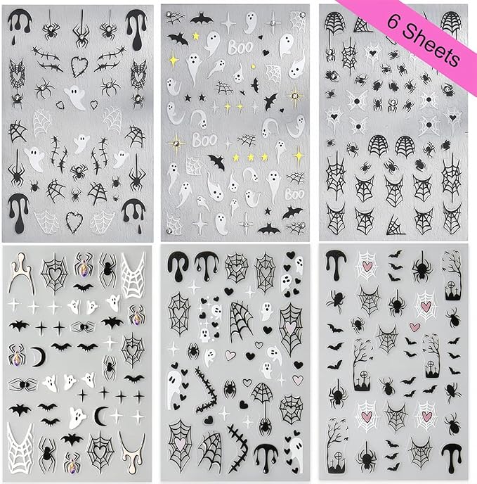 6 Sheets Halloween Nail Art Stickers Spider Nail Decals 3D Self-Adhesive Glitter Crystal Diamond Spider Nail Art Design Sticker Spider Bat Spider Web Ghost Nail Charms for Holiday DIY Nail Art