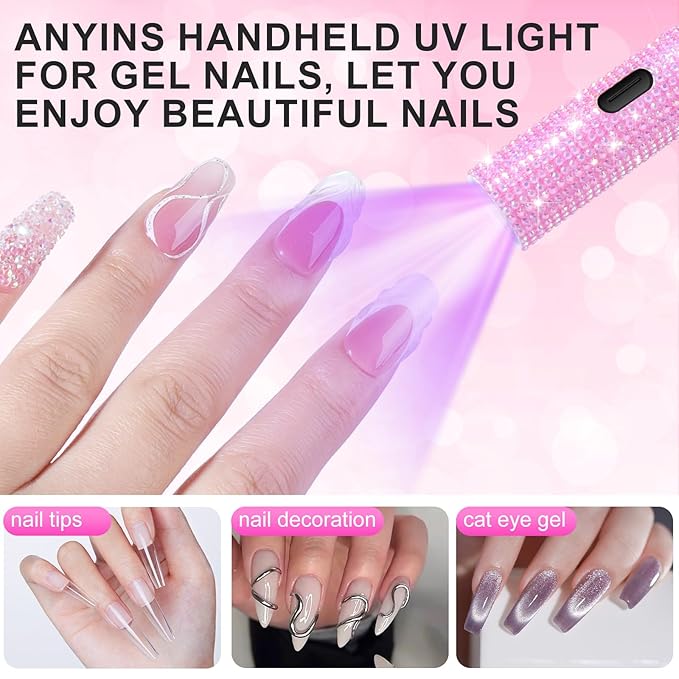 Handheld UV Light for Gel Nails, Pink Diamond Gel Light for Nails Cordless Nail Lamp Rechargeable with Led Display Lamp for Rhinestone Glue Decoration DIY at Home