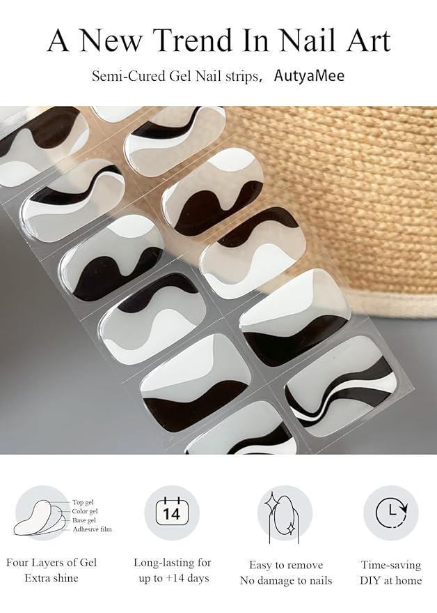 Semi Cured Gel Nail Strips (Black Line), 20 Pcs Gel Nail Wraps, Stickers, UV Light Required, Salon Quality, Long Lasting