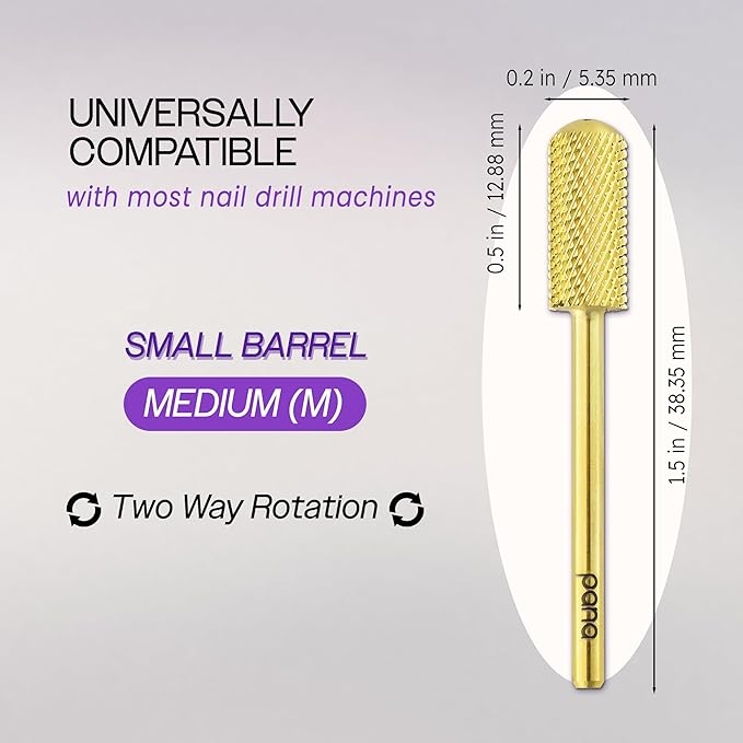PANA 3/32" Small Smooth Round Top Safety Carbide Nail Drill Bit for Gel Polish & Acrylic Removal Nail Salon Manicure Pedicure Electric File Tools (Small Barrel - Gold, Medium)