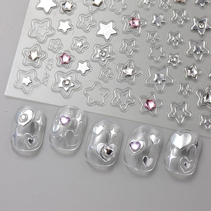 Heart Star Nail Art Stickers Decals, Gold Silver Nail Stickers,Shiny Hollow Love Stars with Diamond Nail Sticker 3D Kawaii DIY Crafts Acrylic Nails Decor for Women Nail Art Supplies 4PCS