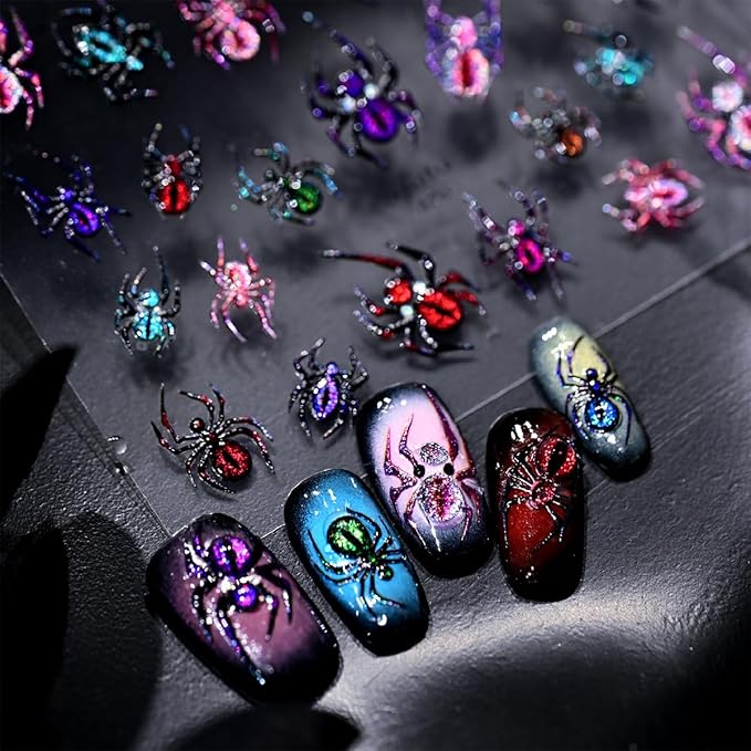 5D Embossed Spider Nail Stickers for Nail Art Halloween Nail Art Stickers Glitter Colorful Spider Nails Decals Holiday Nails Supplies for Women Halloween Acrylic Manicure Decoration Accessories 1Pcs