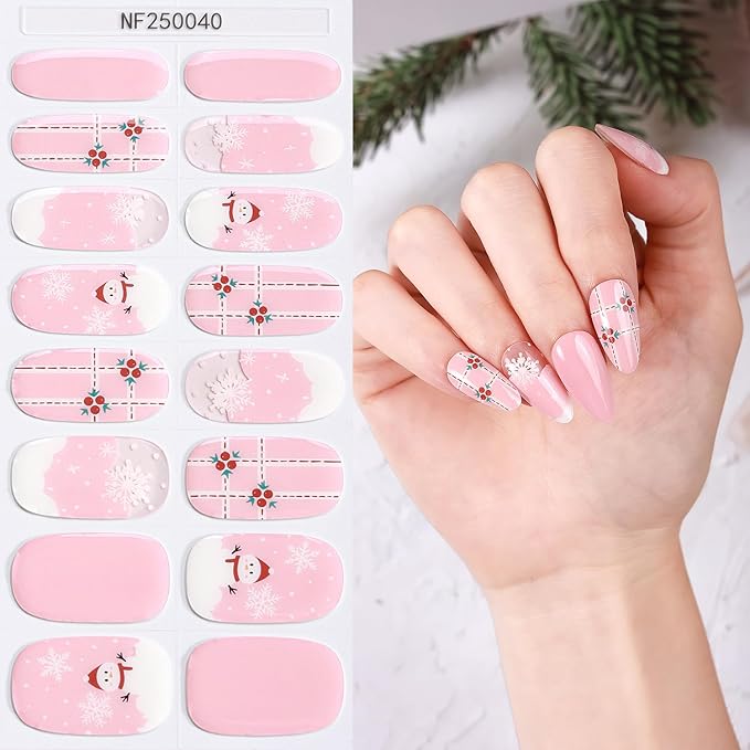 Christmas Semi Cured Gel Nail Strips, 16 Pcs Winter Xmas Gel Nail Stickers Snowman Snowflake Designs Pink Wraps for UV/Led Manicure Lamp Nails Art Decorations