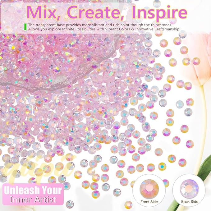 Transparent Pink Red AB 3 Color Jelly Resin Rhinestones for Crafting 3mm 4mm 5mm 6mm Flatback Hot Pink Clear Stones Gems Diamonds Charms for Nails Eyes Face Makeup Crafts DIY Tumblers Bottles