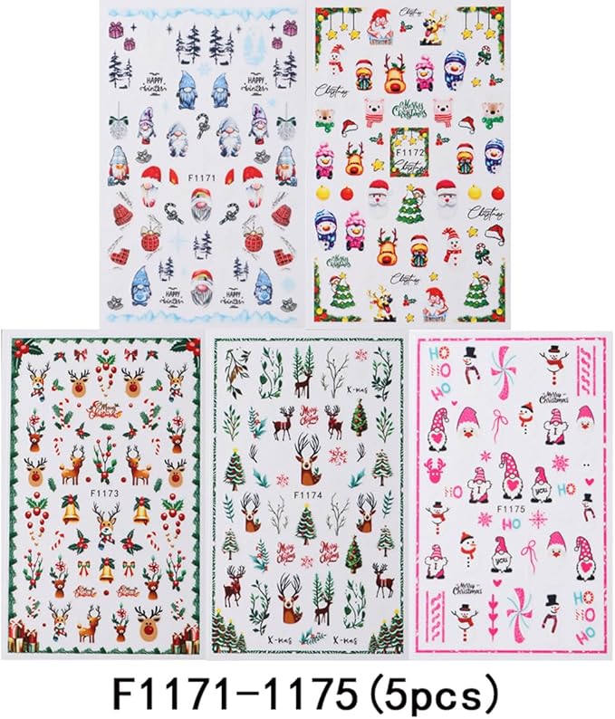5 Sheets Christmas Nail Art Stickers Elk Nail Decals with Cartoon Xmas Tree Santa Claus Snowman Design 3D Self-Adhesive Nail Stickers Acrylic Nail Supplies for Women DIY Christmas Decorations
