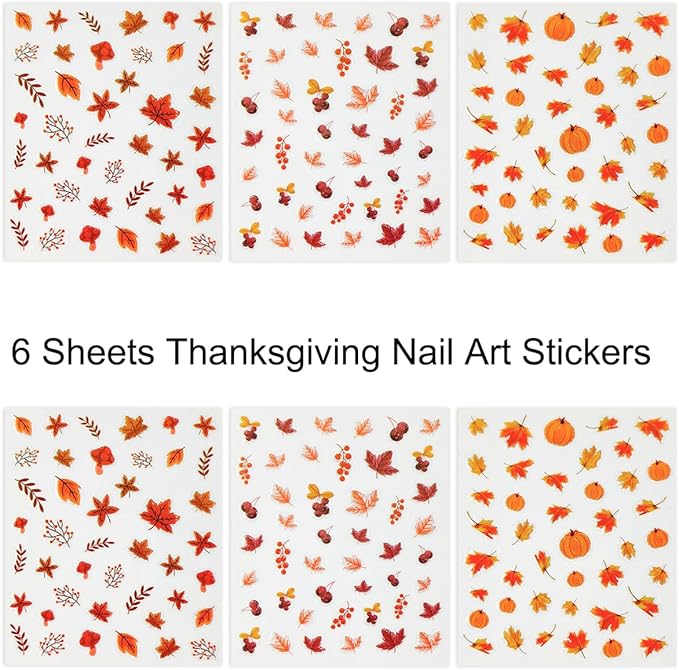 6 Sheets Fall Nail Stickers Maple Leaf Nail Art Stickers Decals Thanksgiving Pumpkins Maple Leaves Nail Design Nail Decals Autumn Nail Supplies for Women Holiday Acrylic Nail Decoration DIY