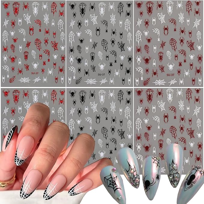 Spider Web Halloween Nail Stickers,Halloween 3D Nail Spider for Nail Art Self-Adhesive Glue Finger Nail Decals Spider Web Black Red White Design Holographic Spiders Manicure Art Supplies Decoration 6