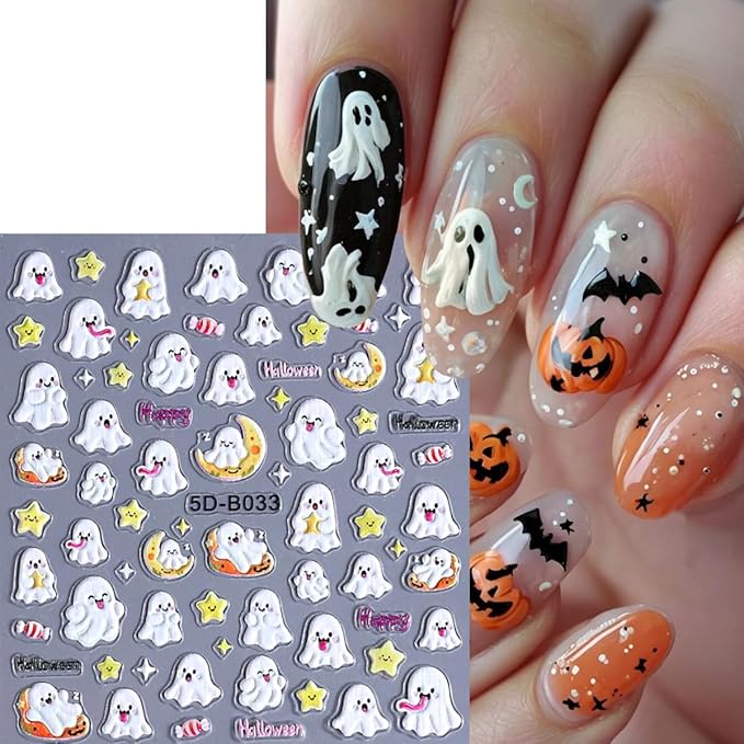 3 Sheets Halloween Nail Stickers for Nail Art 5D Embossed Skull Spider Web Bat Cute Ghost Pumpkin Nail Art Stickers Self Adhesive Star Moon Nail Design Holiday Nail Decals for Acrylic Nails Decor
