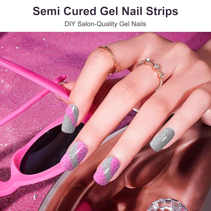Semi Cured Gel Nail Strips,28 PCS Nail Wraps for Women,Gel Stickers for Nails UV Light,Long Lasting, Includes Prep Pads, NailFile & Wood Stick