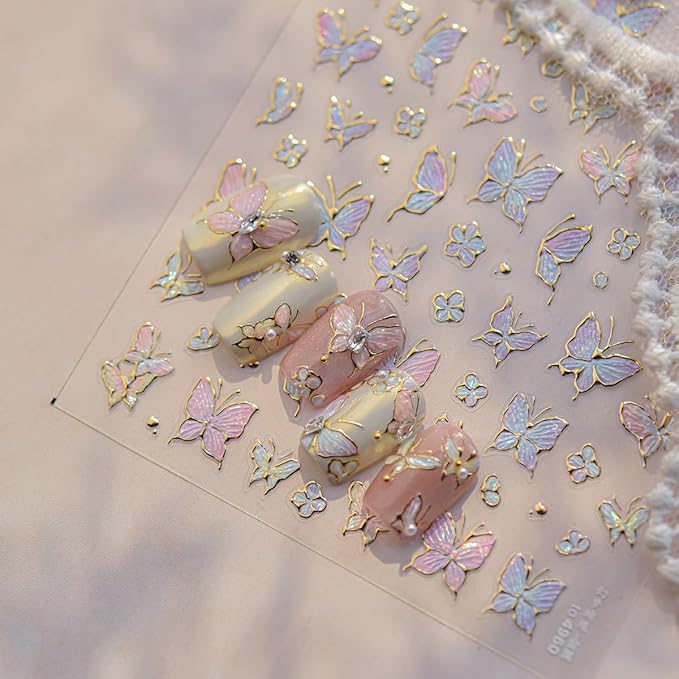 1 Sheet Gradient Butterfly Nail Stickers, Hot Stamping Design Butterfly Nail Decals, 5D Embossed Self-Adhesive Nail Design Stickers for Women DIY Spring Manicure Decoration