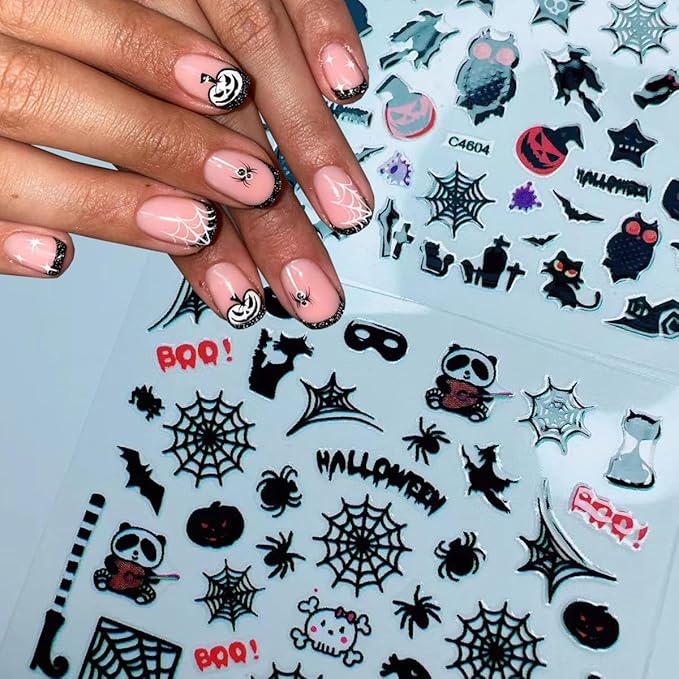 24Pcs/Set Small Halloween Nail Art Sticker, 3D Self-Adhesive Scary Ghost Skull Clown Witch Cat Pumpkin Spider Web Nail Stickers with Design Cute Halloween Nail Decals for Women