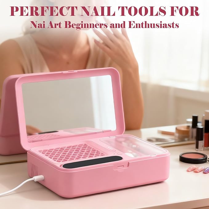 Nail Dust Collector and Cordless Electric Nail Drill File Kit, Professional Portable Manicure Pedicure, 13 Bits, HPro Powerful Dust Suction Machine for Home Salon - Pink