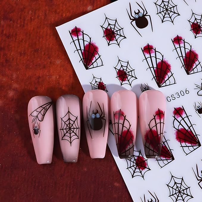 3 Sheets Halloween Nail Sticker for Nail Art 3D Self-Adhesive Spider Nail Stickers Red Black Nails Design Spider Web Nails Supplies Decoration Accessories for Women and Girls