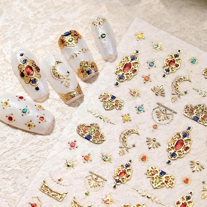 5D Embossed Nail Sticker Gold Metal Gem Moon Nail Art Sticker Self Adhesive Nail Decals Colorful Gems Nail Art for Women Girls Manicure Supplies DIY Nails Art Decorations