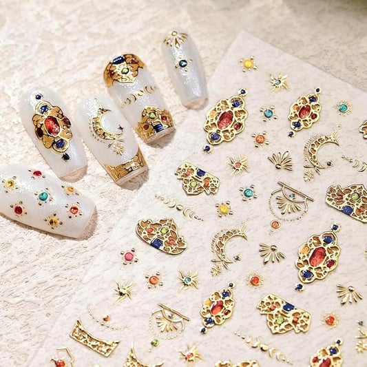 5D Embossed Nail Sticker Gold Metal Gem Moon Nail Art Sticker Self Adhesive Nail Decals Colorful Gems Nail Art for Women Girls Manicure Supplies DIY Nails Art Decorations
