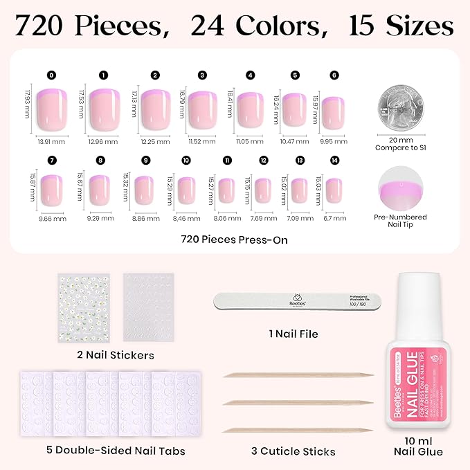 Beetles Press On Nails Kit - Candy Mix | 720Pcs 24 Colors Short Square Press On Nails | 15 Sizes French Glossy Glitter With Nail Glue & Nail Tabs Stickers, Fake Nails Kit Art For Women