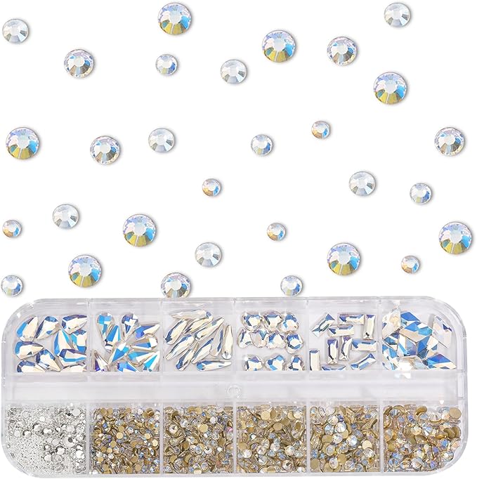 Multi Shapes Blue Moon 3D Glass Crystal Nail Rhinestones Kit Mix 0.8mm Silver Nail Round Beads Charm Flatback Gems 5 Grids Flatback Rhinestones Stone Diamond for Manicure Makeup DIY Decoration