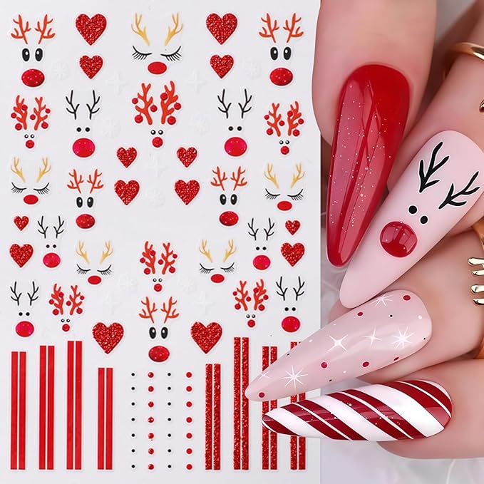 6 Pcs Christmas Nail Art Stickers 3D Self-Adhesive Glitter Christmas Snowflake Elk Blue Penguin Nail Decals Winter Christmas Tree Nail Design Red Glitter Elk Nails Supplies for Women DIY Manicure