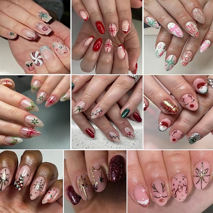 6Pcs Christmas Nail Art Stickers 3D Bow French Tips Line & Gold Red Green Christmas Bow Designs Xmas Nail Supplies French Nail Tip Foils Winter New Year Manicure Decoration Accessories