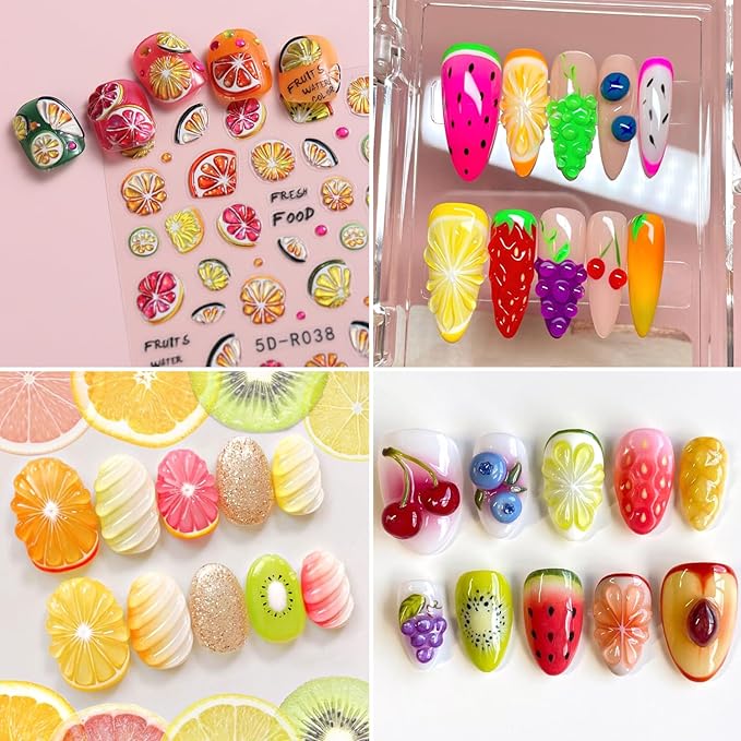2Sheets Summer Fruit Nail Art Stickers 5D Embossed Colorful Lemon Designs Nail Decals Self-Adhesive Cute Strawberry Cherry Nail Sticker Cute Flower Star Nail Decal for Women Nails Decor Accessories
