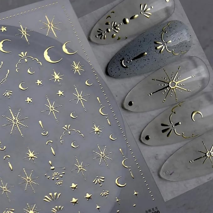 2 Sheets 3D Nail Stickers Star Moon Nail Art Decals Gold Silvery Nails Supplies Self-Adhesive Manicure Supplies for Women