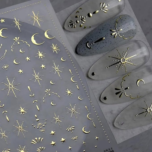 2 Sheets 3D Nail Stickers Star Moon Nail Art Decals Gold Silvery Nails Supplies Self-Adhesive Manicure Supplies for Women