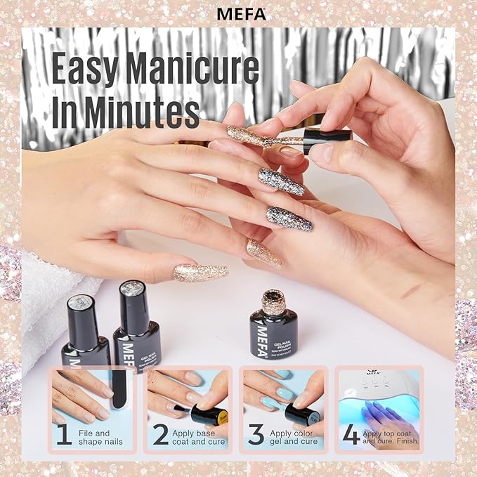 MEFA Glitter Gel Nail Polish Set 6 Colors, Chrome Platinum Sparkly Shiny Black Silver Champagne Turquoises Gel Polish Kit Soak Off Nail Art Design Salon at Home DIY Manicure Kit Gifts for Women