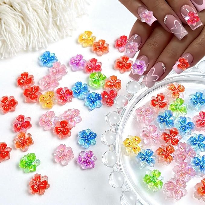 100PCS 3D Flower Nail Charms, Hawaii Colorful Resin Floral Nail Accessories Summer Flat Back Acrylic Manicure Decorations for Women DIY Nail Supplies