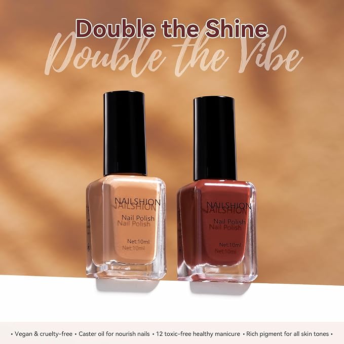 Chocolate Brown Nail Polish, 2 Colors Mocha Mousse Fall Winter Nail Polish Duo Non-Gel, Opaque, Fast Drying, Streak Free & Long Lasting Glossy Nail Art Gift for Women