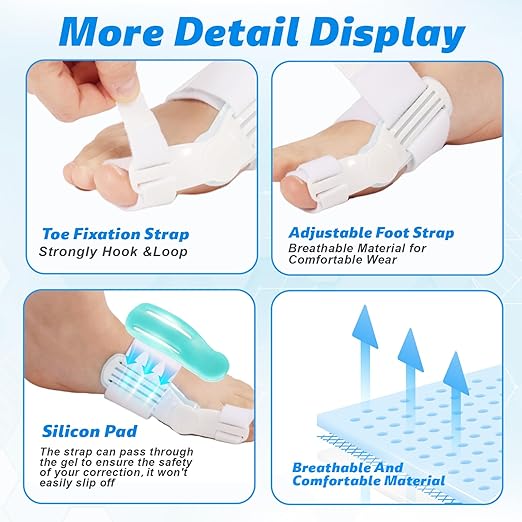 Bunion Corrector With Silicone Inner Pad for Women Men Big Toe Orthopedic Bunion Splint for Hallux Valgus Pain Relief Hammer Toe Straightener for Day Night Support-1 White(Free 2 Bunion Sleeves)