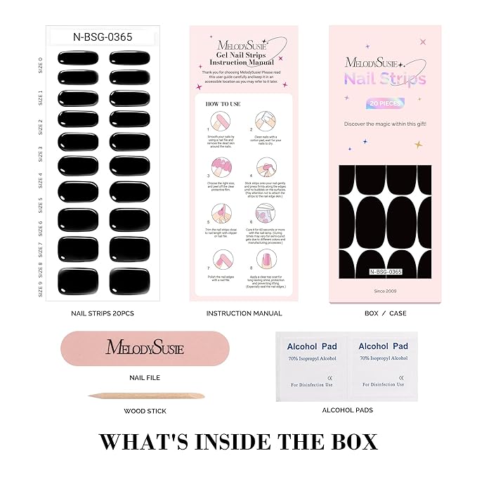MelodySusie Semi Cured Gel Nail Strips (Black)- Works with Nail lamp, Salon-Quality, Long Lasting, Easy to Apply & Remove - Includes 20Pcs, 2 Prep Pads, Nail File & Wooden Stick