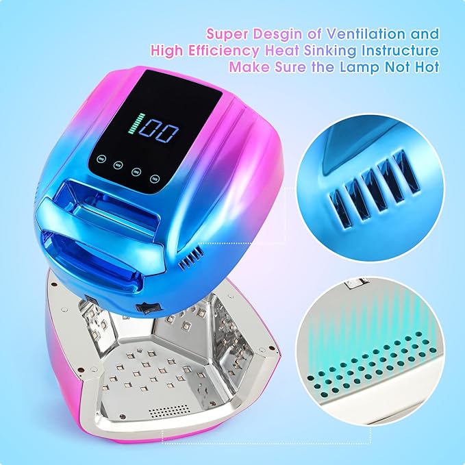 Professional Rechargeable 96W UV LED Portable Cordless UV Light for Nail Lamp Machine with Metal Base, Auto Sensor and 4 Timer Settings, Salon Quality UV Nail Light(Blue&Purple)