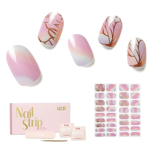 NAILOG 34 Pcs Rainbow Butterfly Gel Nail Strips - Pink Extra Long Nails with Glossy Gel Finishing for Spring Summer, Flying Wings
