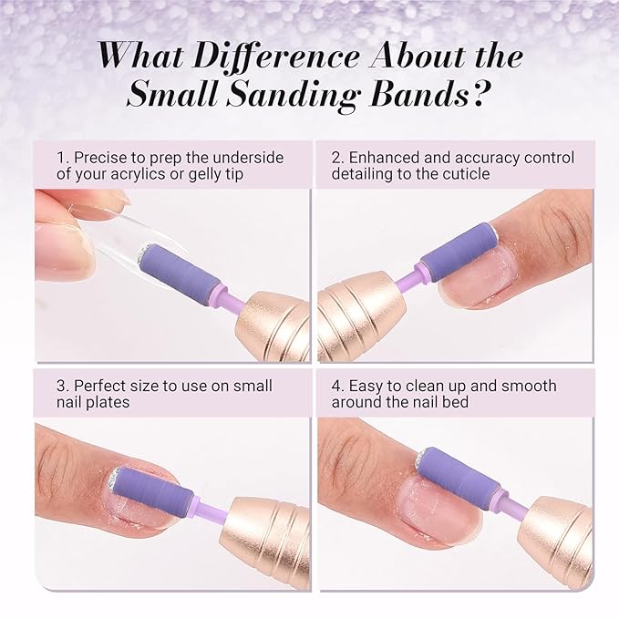 MelodySusie 50 Pcs Nail Drill Bits Small Sanding Bands with 3.1mm Mandrel Bit, 180 Fine Grit Nail File for Acrylic Nails Gel Manicures and Pedicure, Purple