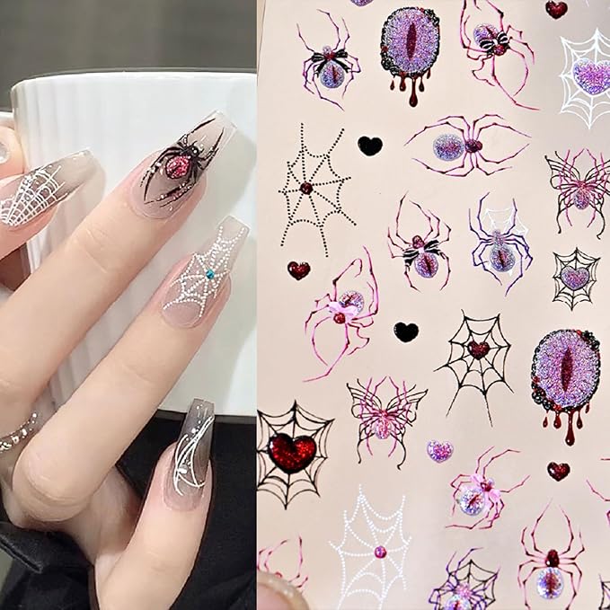 Halloween Nail Art Stickers 5D Embossed Pink Purple Spider Eye Nail Stickers Design Spider Web Heart Nail Decals Nail Art Supplies for Women Acrylic DIY Nail Decorations 1Pc