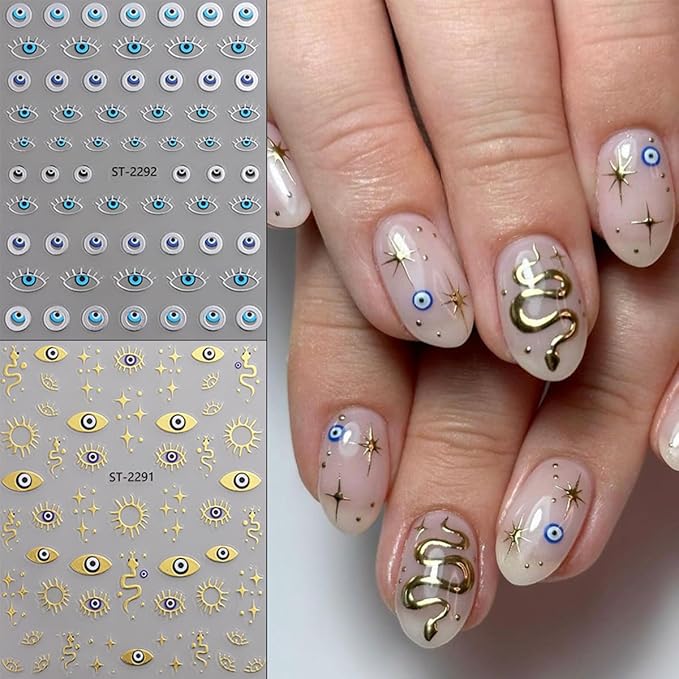 6Pcs Eye Nail Stickers Decals 3D Self Adhesive Goth Nails Decals Gold Silver Sun Star Nail Art Stickers Metallic Snake Nails Art Supplies Horror Eye Gothic Design Sticker for Women Manicure Decoration