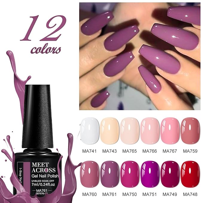 MEET ACROSS 1 Step Gel Nail Polish Set 12 Colors Gel Polish Kit Beige Pink Purple Red Soak Off UV/LED Nail Polish for Home DIY & Birthday Gifts